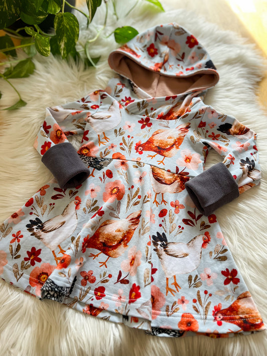 Grow With Me Hooded Dress - Floral Chickens