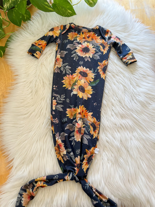 Knotted Baby Gown - Navy Sunflowers