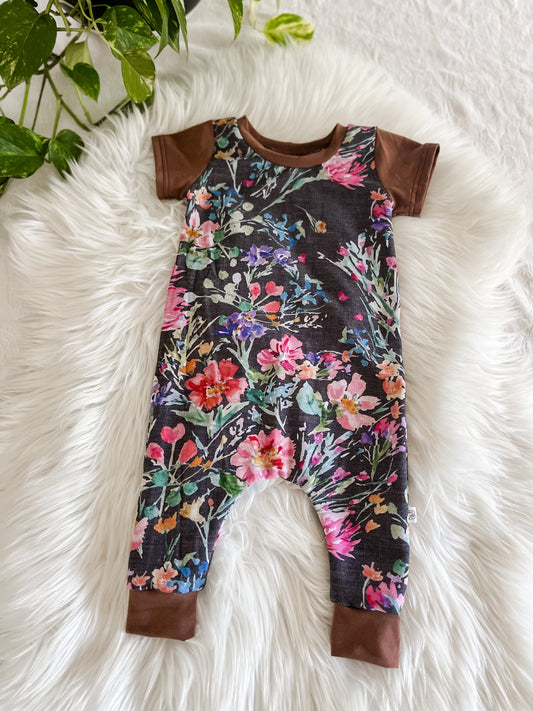 T-Shirt Romper - Black Floral Garden Strokes