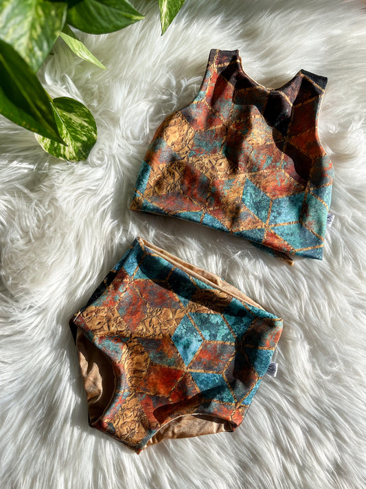 Girls Reversible Swim Suit - Teal/Copper Geo and Gold Shimmer