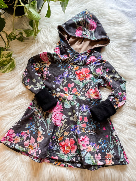 Grow With Me Hooded Dress - Black Floral Garden Strokes